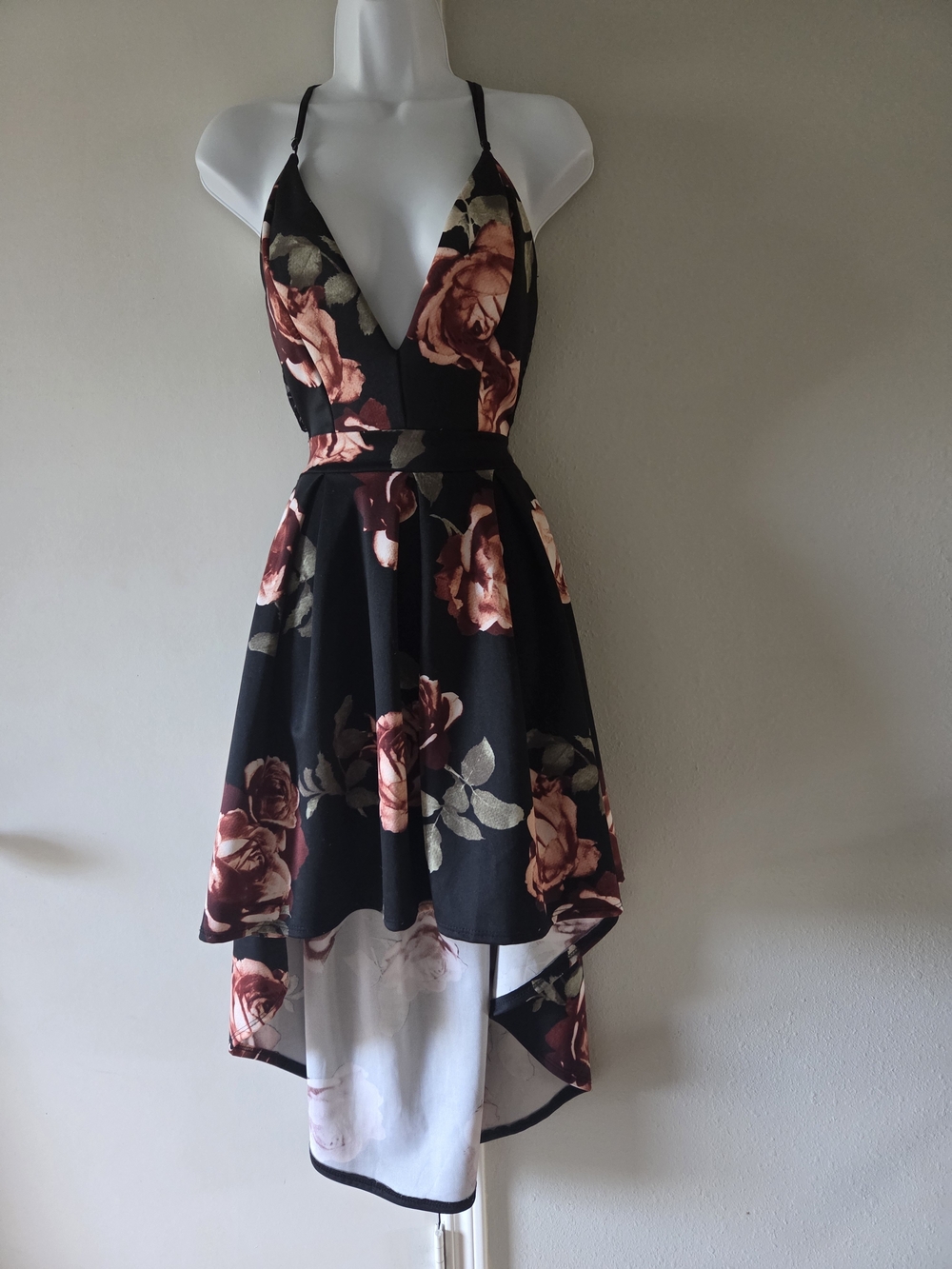 Black Floral V-Neck High-Low Mini Dress in Rose